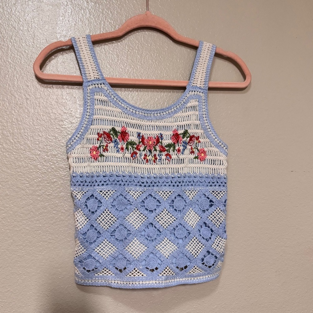 Knitworks Blue and White Crochet Tank Top
